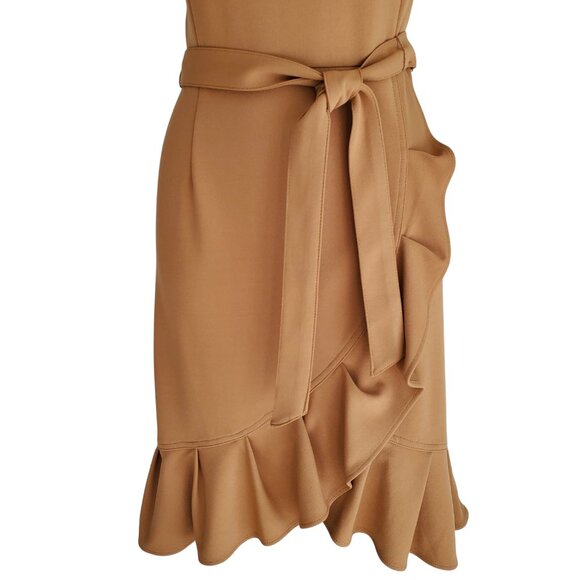 Calvin Klein NWT Career Dress Tulip Hem Tie Front Short Sleeve Deep Tan Size 4 - Picture 3 of 16